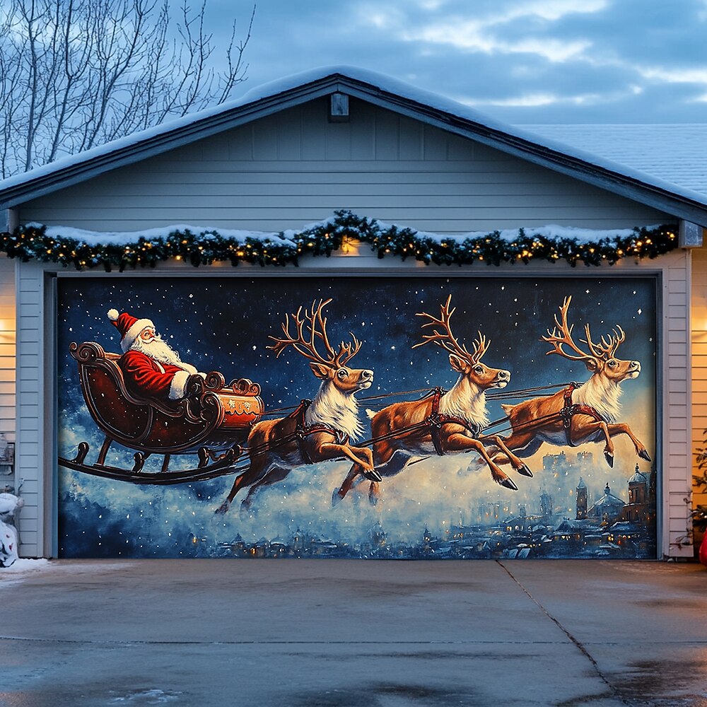 Weihnachtstürdekorationen, Garagentorabdeckung, Weihnachtsmann, Weihnachtsrentiere, Outdoor-Banner, große Weihnachtskulisse für Feiertage, Garagentor, Heimwanddekorationen, Schlitten Lightinthebox