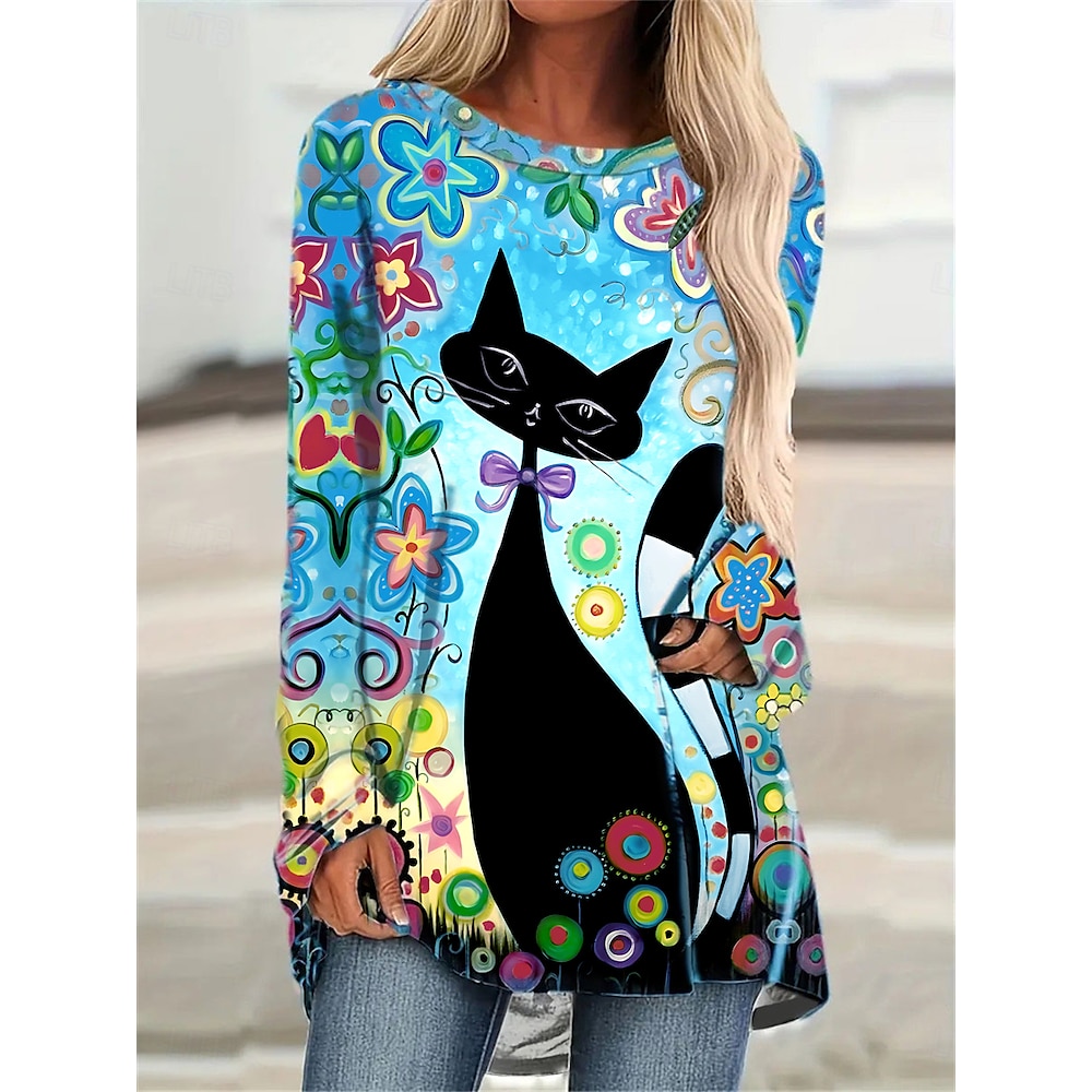 Damen T Shirt Brautkleider schlicht Katze Lange Oberteile Langarm Rundhalsausschnitt Bedruckt Regular Fit Täglich Blau Herbst Winter Lightinthebox