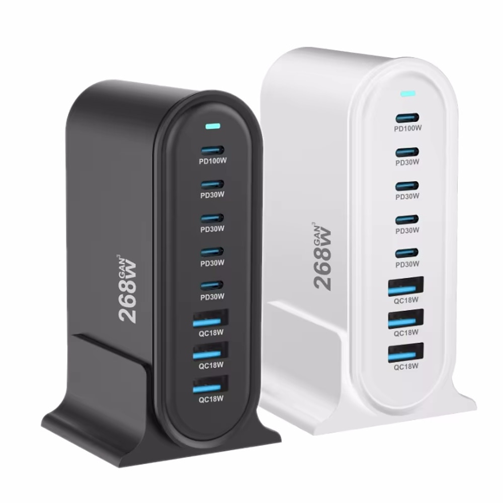 268 W USB-Ladegerät mit mehreren Anschlüssen, USB-C-Schnellladegerät, 8-Port-Ladestation, Hub, schnelles kompaktes Gan-Ladegerät, Netzteil Lightinthebox