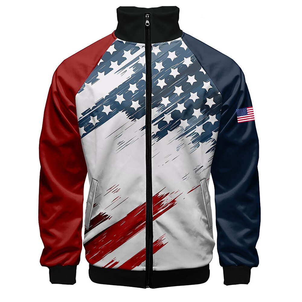 Herren Amerikanische Flagge Bomberjacke Mantel Atmungsaktiv Komfortabel Alltagskleidung Zip Seitentaschen 3D-Druck Frühling Herbst Winter Stehkragen Langarm Blau Lightinthebox