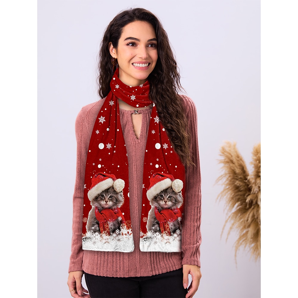 Winterschal mit weihnachtlichem Kätzchen-Print - gemütliches festliches Accessoire mit Weihnachtsmannmütze und Schneeflocken-Design für die Weihnachtszeit Lightinthebox