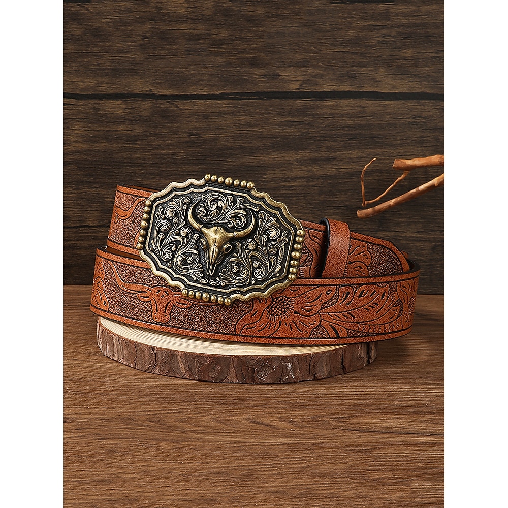 Western-Gürtel aus Kunstleder für Herren mit geprägtem Blumenmuster und Stierkopf-Schnalle - Vintage-Cowboy-Stil Lightinthebox