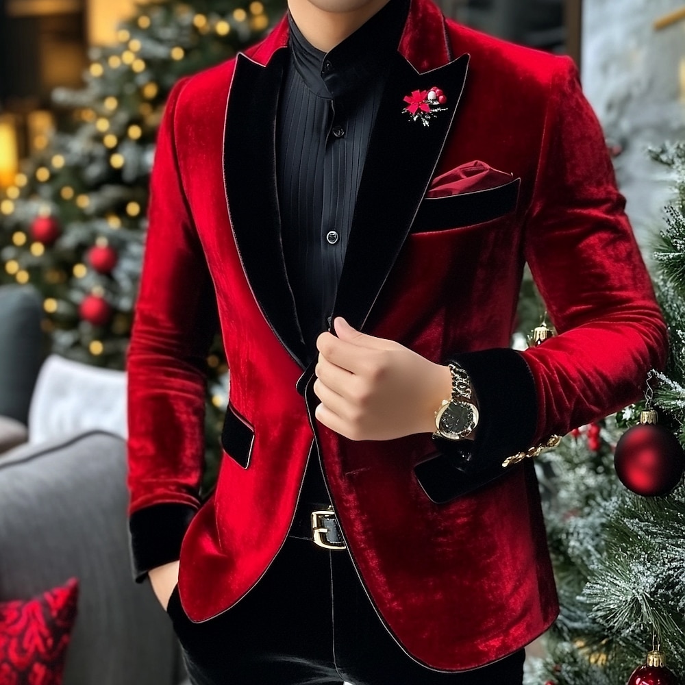 Herren Weihnachten Vintage Samt Blazer-Jacke Einfarbig Blazer Standard Weite Passform Einreiher - 1 Knopf Rote Grün 2023 Lightinthebox