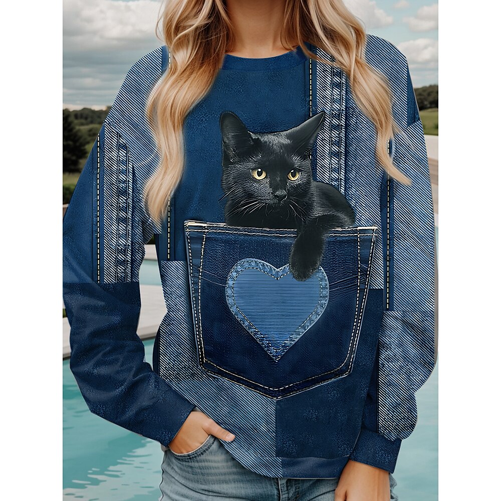 Damen-Sweatshirt aus Polyester mit Katzen-Street-Alltagsdruck, lässiger Rundhalsausschnitt, lange Ärmel, mikroelastisch, Herbst/Winter, bequem, atmungsaktiv, weicher Stoff Lightinthebox