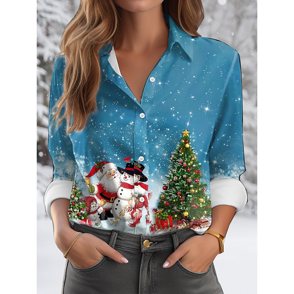 Damen Hemd Bluse Täglich Weihnachten Vintage Brautkleider schlicht Langarm Blau Herbst Winter Lightinthebox