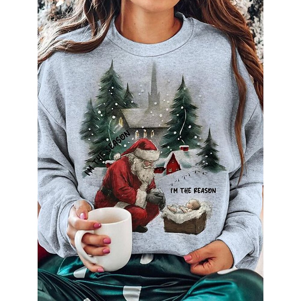 Weihnachts-Sweatshirt für Damen, langärmelig, Weihnachtsmann-Grafik, Feiertags-Sweatshirt, lässiger Rundhalsausschnitt, grau meliert, winterlich, bequeme, entspannte Passform, festliche Kleidung Lightinthebox