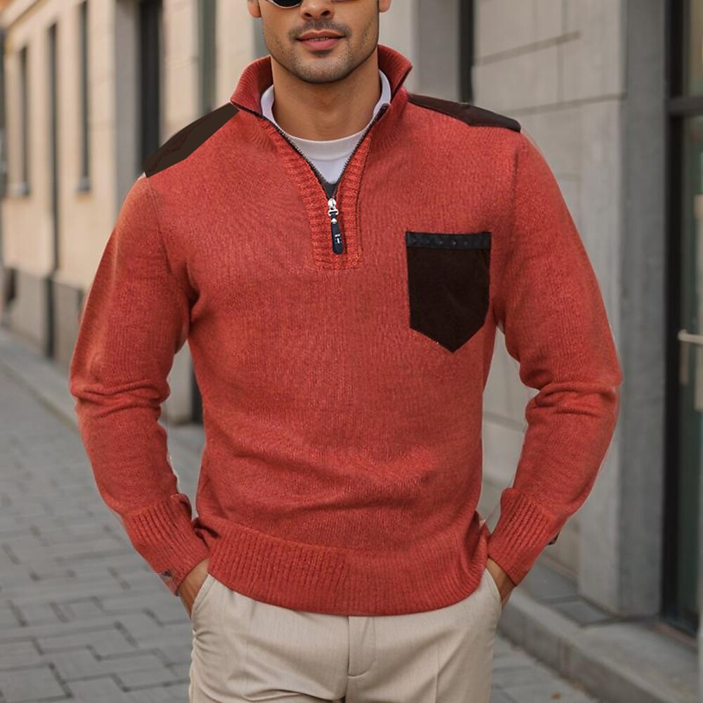 Herren Pullover Grobstricken Stricken Tasche Halfzip Troyer Feste Farbe Ständer Elegant Vintage Formal Heim Bekleidung Bischof Herbst Winter Rote Marineblau S M L Lightinthebox