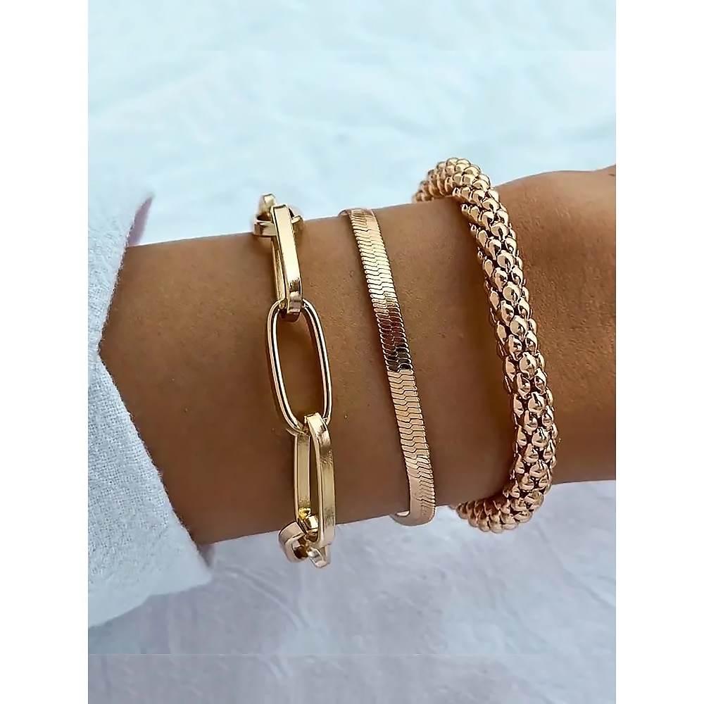 trendiges goldfarbenes Armbandset für Damen - klobige Kette, elegante Schlangenkette und strukturierter Armreif für einen eleganten Lagenlook Lightinthebox