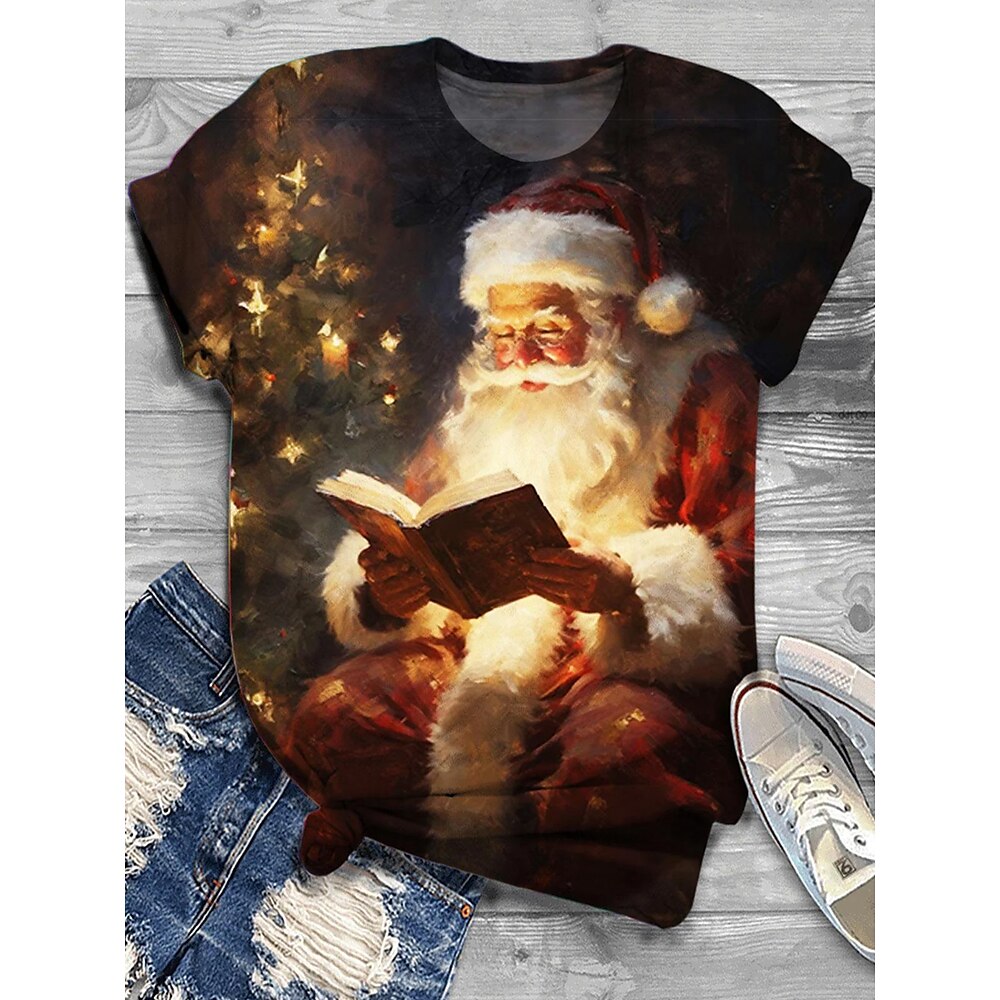 Weihnachtsshirt Damen T Shirt Polyester Weihnachtsmann Bedruckt Täglich Brautkleider schlicht Kurzarm Rundhalsausschnitt Schwarz Herbst Winter Lightinthebox