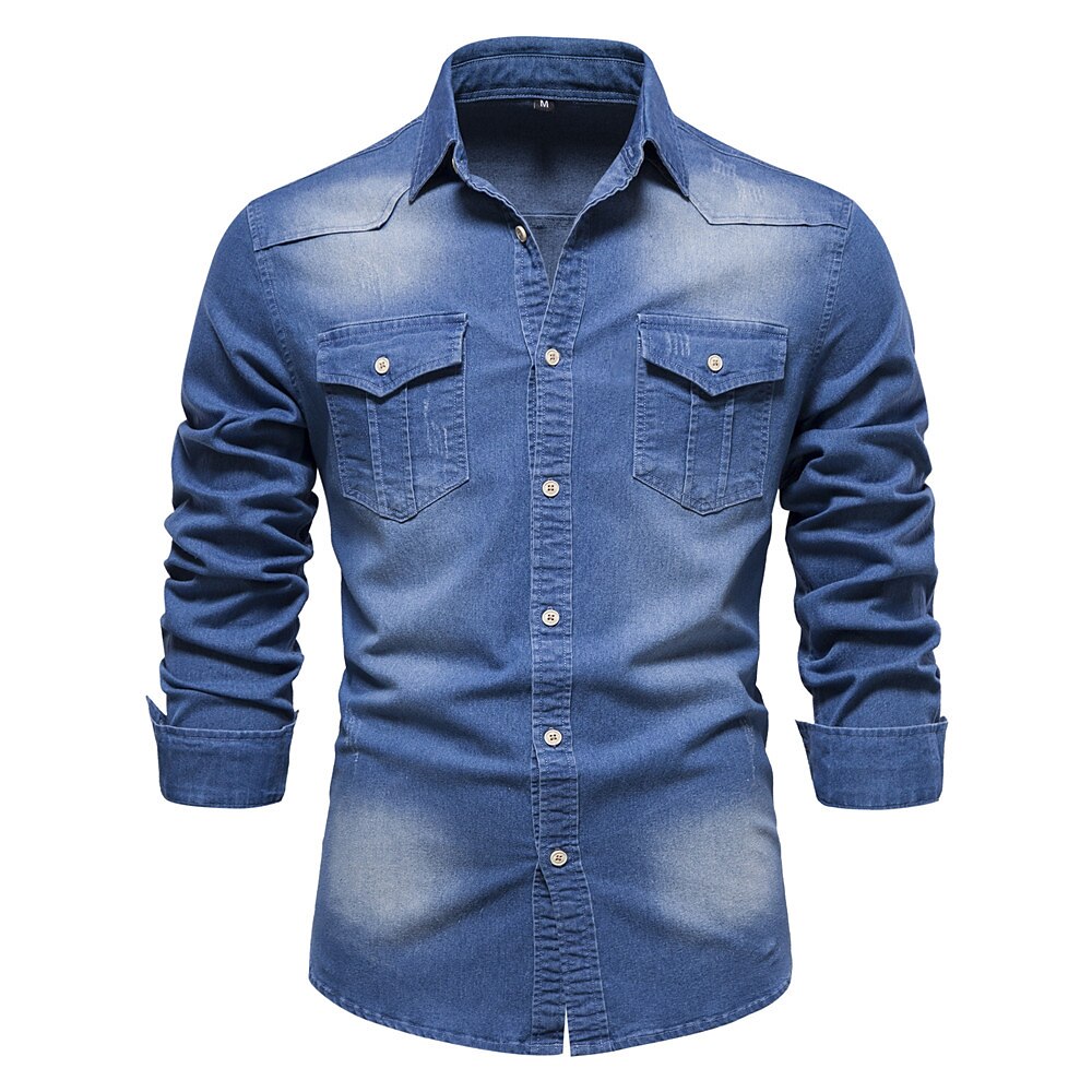 Herren Hemd Freizeithemd Knopfhemd Jeanshemd Einfach Urlaub Täglich Hellblau Schwarz Dunkelmarine Blau Langarm Kragen Winter Frühling Herbst Bekleidung Fronttasche Lightinthebox