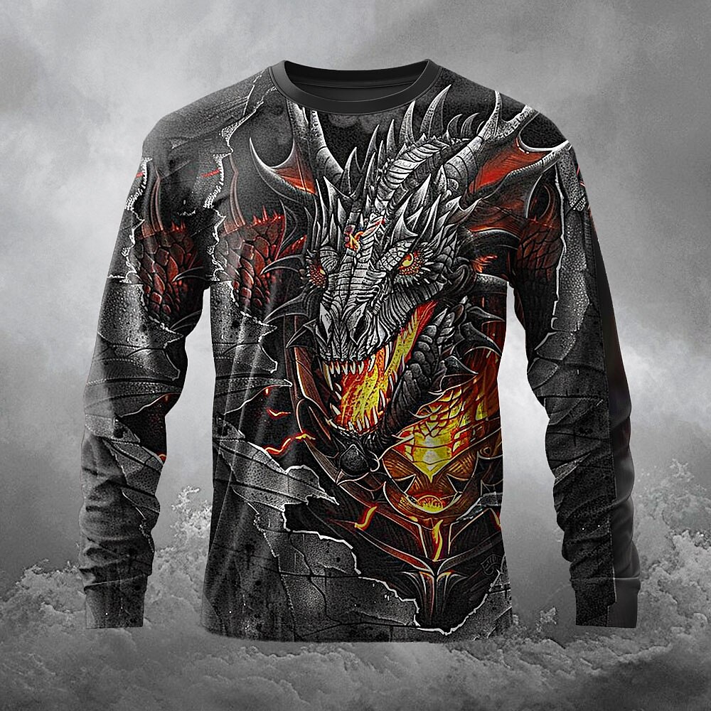 Herren Drache T Shirt Langarm T-Shirt 3D-Druck Rundhalsausschnitt Hemd Übertrieben Designer Streetstyle Strasse Casual Schwarz / Weiß Schwarz Sommer Frühling Herbst Bekleidung S M L XL XXL XXXL Lightinthebox