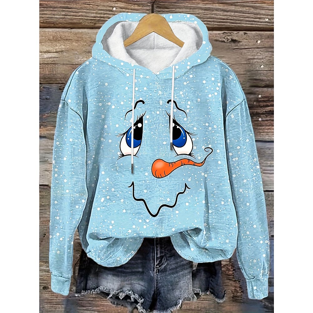 Damen Kapuzenpullover Cartoon Gesicht Druck Langarm Schnee Muster Relaxed Fit Hellblau lässig bequem Kordelzug Pullover Winter Herbst Oberbekleidung Lightinthebox