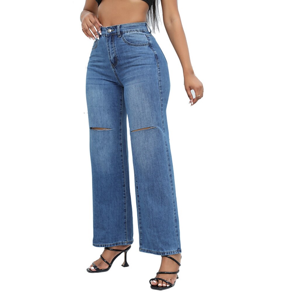 Damen Normal Jeans Strassenmode Stilvoll In voller Länge Hoher Taillenbund Feste Farbe Tasche Bequem Atmungsaktivität Weich Mikro-elastisch Strasse Täglich Hellblau Dunkelblau Frühling Herbst Lightinthebox