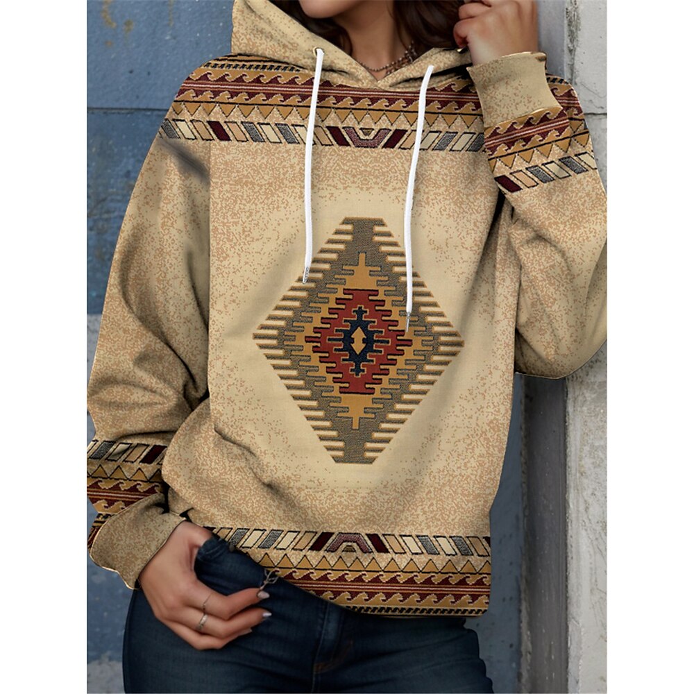 Damen Kapuzenpullover Sweatshirt Polyester Geometrisch Street Alltagskleidung Taschendruck Vintage Ethno Casual Kapuzenpullover Langarm Mikroelastisch Herbst Winter Bequem Atmungsaktiv Weicher Stoff Lightinthebox