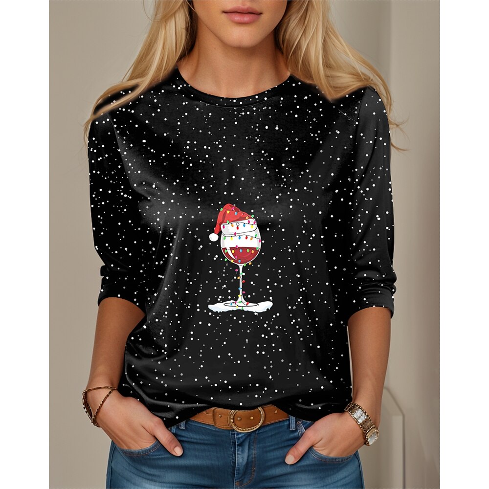 Langärmliges T-Shirt für Damen mit festlichem Weinglas-Weihnachtsmann-Aufdruck, lässiges schwarzes Oberteil mit Rundhalsausschnitt, bequeme Partykleidung für die Wintersaison, in mehreren Größen Lightinthebox