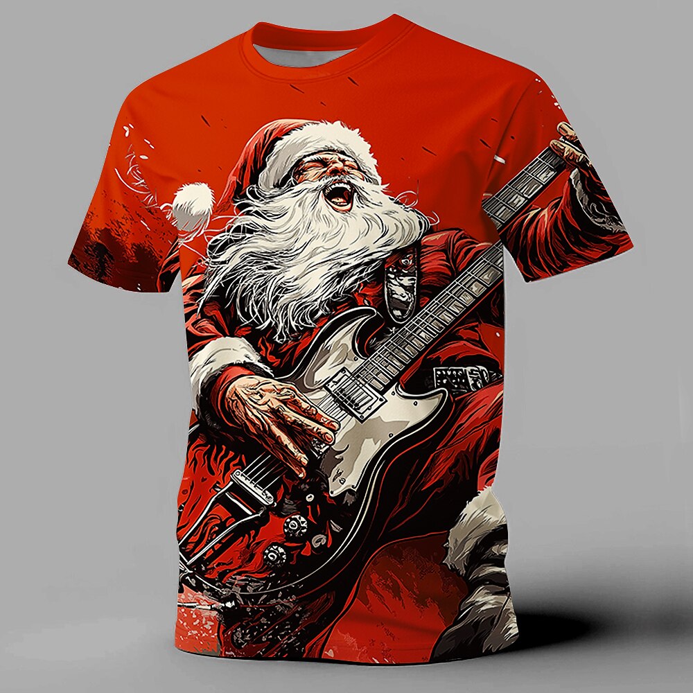 Weihnachten Herren Weihnachtsmann Musikinstrument T Shirt Kurzarm T-Shirt 3D-Druck Rundhalsausschnitt Hemd Modisch Athleisure Strasse Sports Outdoor Täglich Schwarz / Rot Rote Blau Sommer Frühling Lightinthebox