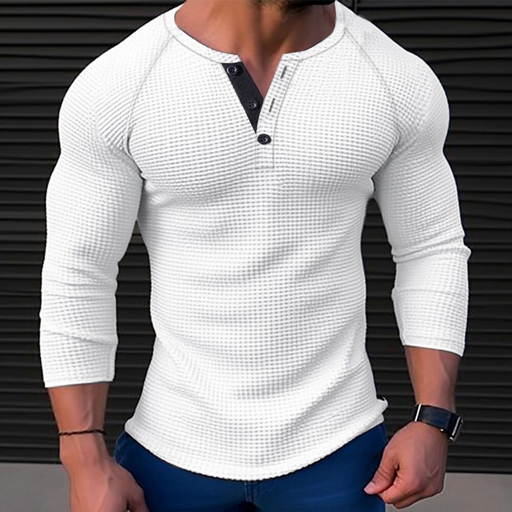 Herren T Shirt Waffel-Henley-Hemd Henley Shirt T-Shirt langarmshirt Glatt Henley Strasse Urlaub Langarm Bekleidung Polyester Modisch Designer Basic Lightinthebox