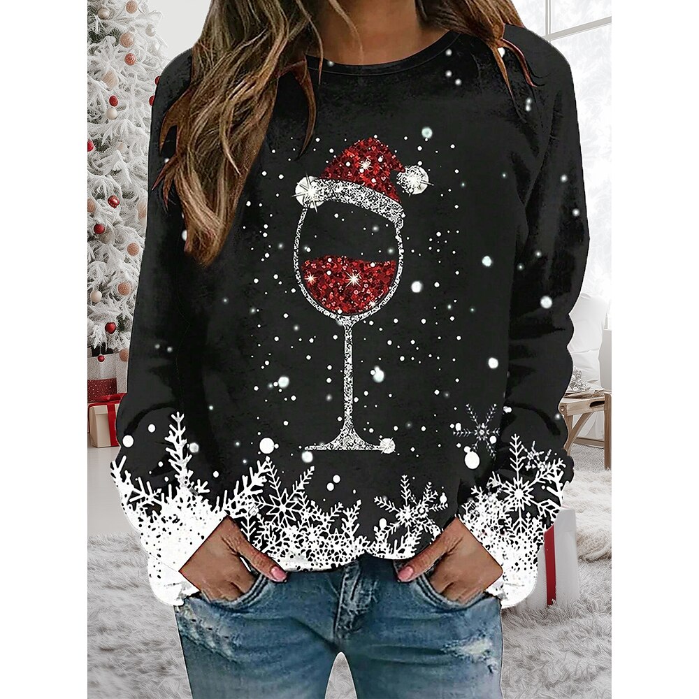 Weihnachts-Sweatshirt für Damen, festlicher Weinglas-Weihnachtsmannmützen-Aufdruck, langärmelig, Wintersaison, bequeme Passform, lässige Partykleidung, schwarz-weiß-rotes Schneeflocken-Design, Lightinthebox