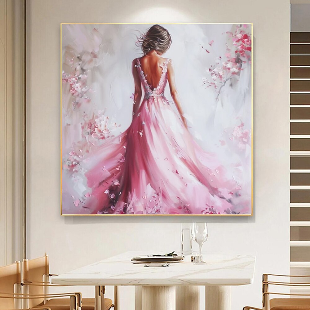 handgemaltes modernes großes elegantes Frauenbild Ölgemälde minimalistisch rosa langes Kleid Blume abstrakte Wandkunst weibliches Rückengemälde gespannter Rahmen fertig zum Aufhängen oder ohne Rahmen Lightinthebox