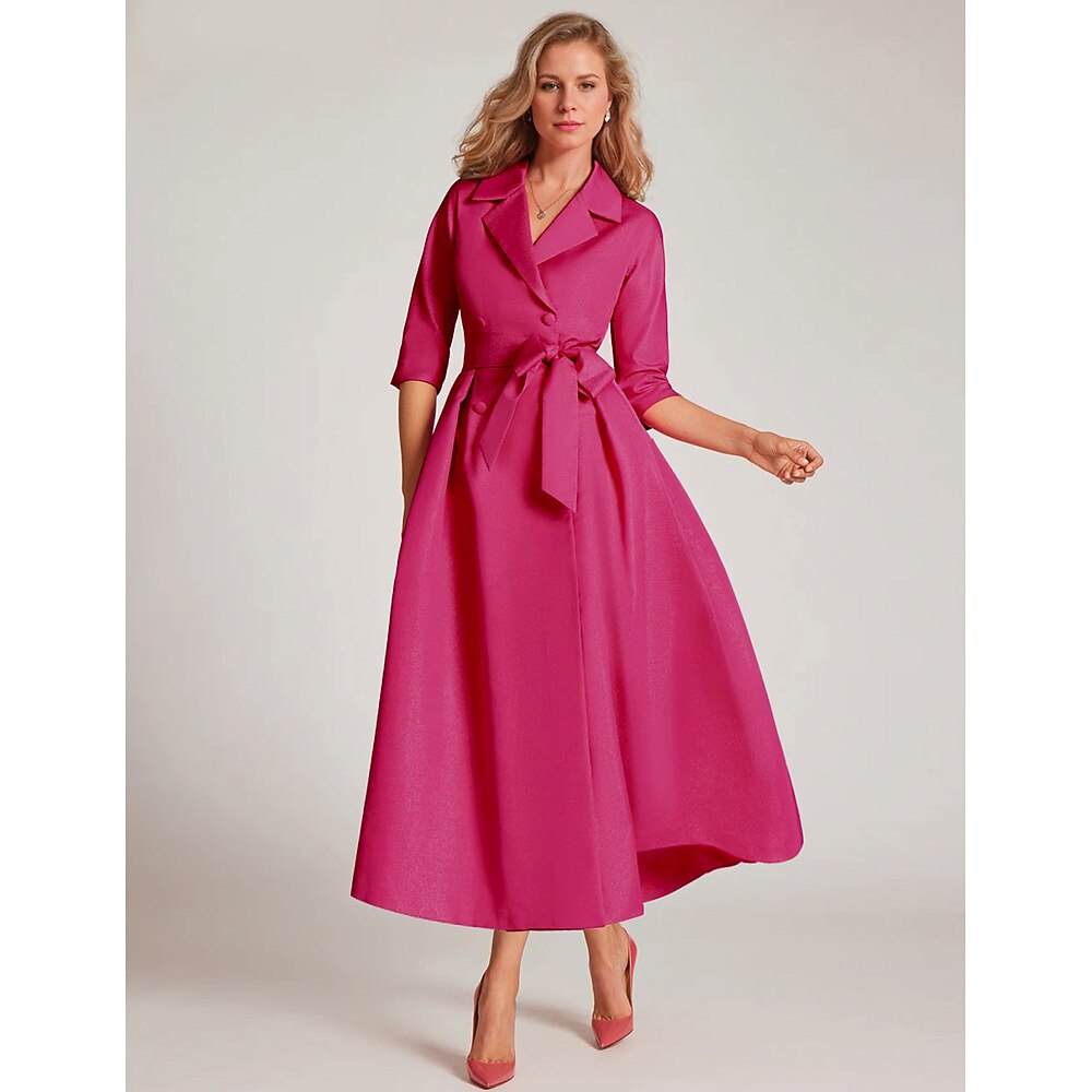 rosarotes A-Linien-Cocktailkleid aus Satin, elegantes Kleid, formell, knöchellang, halbe Ärmel, Hemdkragen, Gürtel/Schärpe mit Schleife(n), Schlitz 2024 Lightinthebox