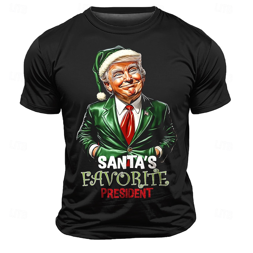 Weihnachts-T-Shirts für Herren, lustige Weihnachts-3D-T-Shirts, Trump-Mütze, modischer Freizeit-3D-Druck, T-Shirt für Straßensportarten im Freien, schwarz, kurzärmlig, Rundhalsausschnitt, Lightinthebox