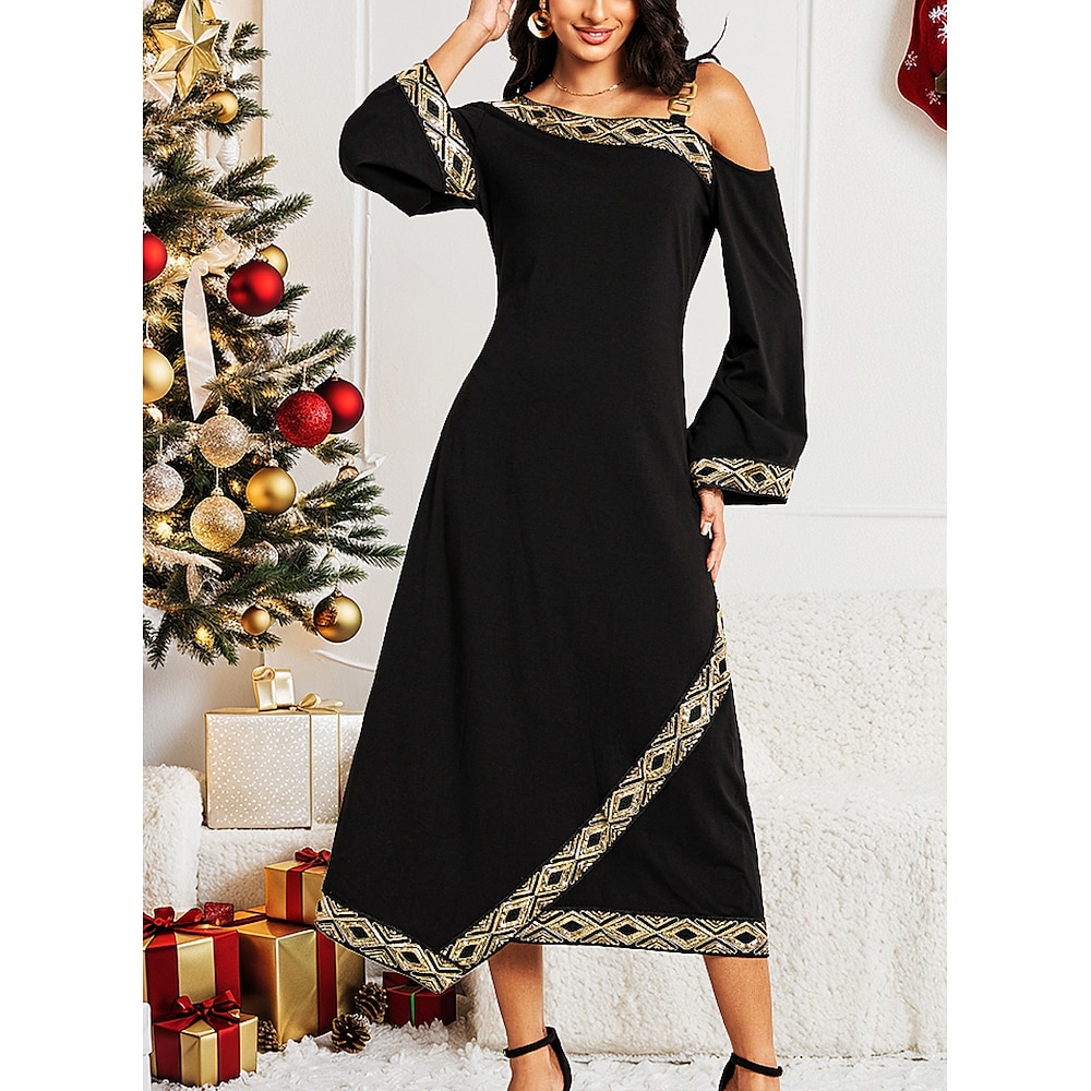 goldenes Kleid Weihnachten Damen Pailletten schwarzes Kleid langes Kleid Maxikleid schlicht Rundhals Langarm Frühling Herbst schwarz Lightinthebox