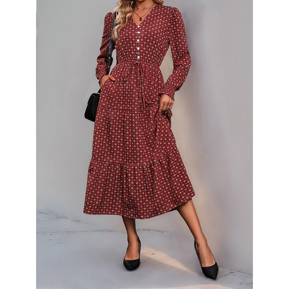 Damen Polka Dot V-Ausschnitt Midikleid Langarm Frühling Herbst Lightinthebox