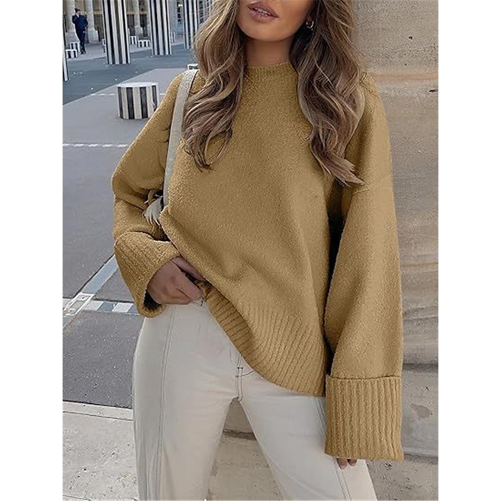 Damen Pullover Rundhalsausschnitt Gerippt Stricken Polyester Strick Herbst Winter Standard Outdoor Täglich Wochenende Brautkleider schlicht Weich Langarm Einfarbig Schwarz Weiß Kamel S M L Lightinthebox