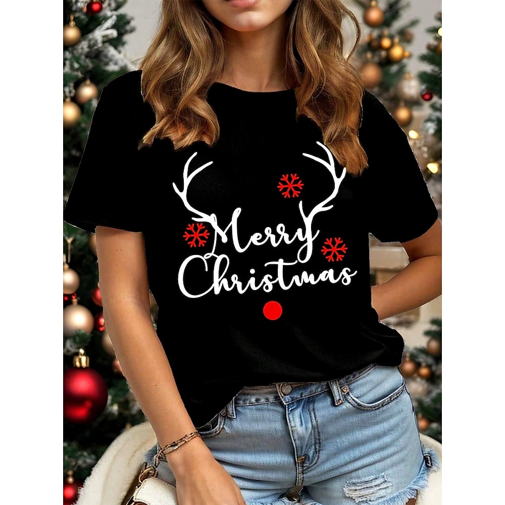 Damen T Shirt Polyester Rentier Buchstabe Bedruckt Weihnachten Täglich Brautkleider schlicht Kurzarm Rundhalsausschnitt Schwarz Sommer Lightinthebox