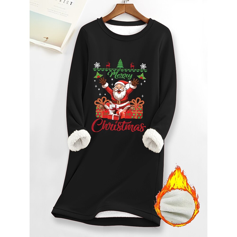 Weihnachts-Sweatshirtkleid für Damen, langärmelig, Weihnachtsmann-Print, Winter, Plüschmanschette, Übergröße, Feiertagsparty, lässig, schwarz, Übergrößen Lightinthebox