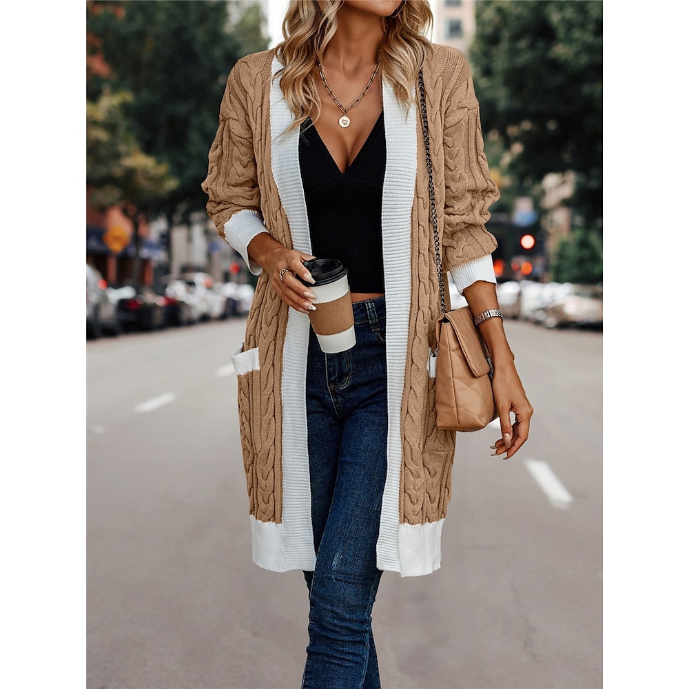 Damen Pullover Strickjacke Brautkleider schlicht Weich Einfarbig Gerippt Öffnung vorne Tasche Strick Langarm Lange Oberteile Stricken Outdoor Täglich Wochenende Rote Khaki Herbst Winter Lightinthebox