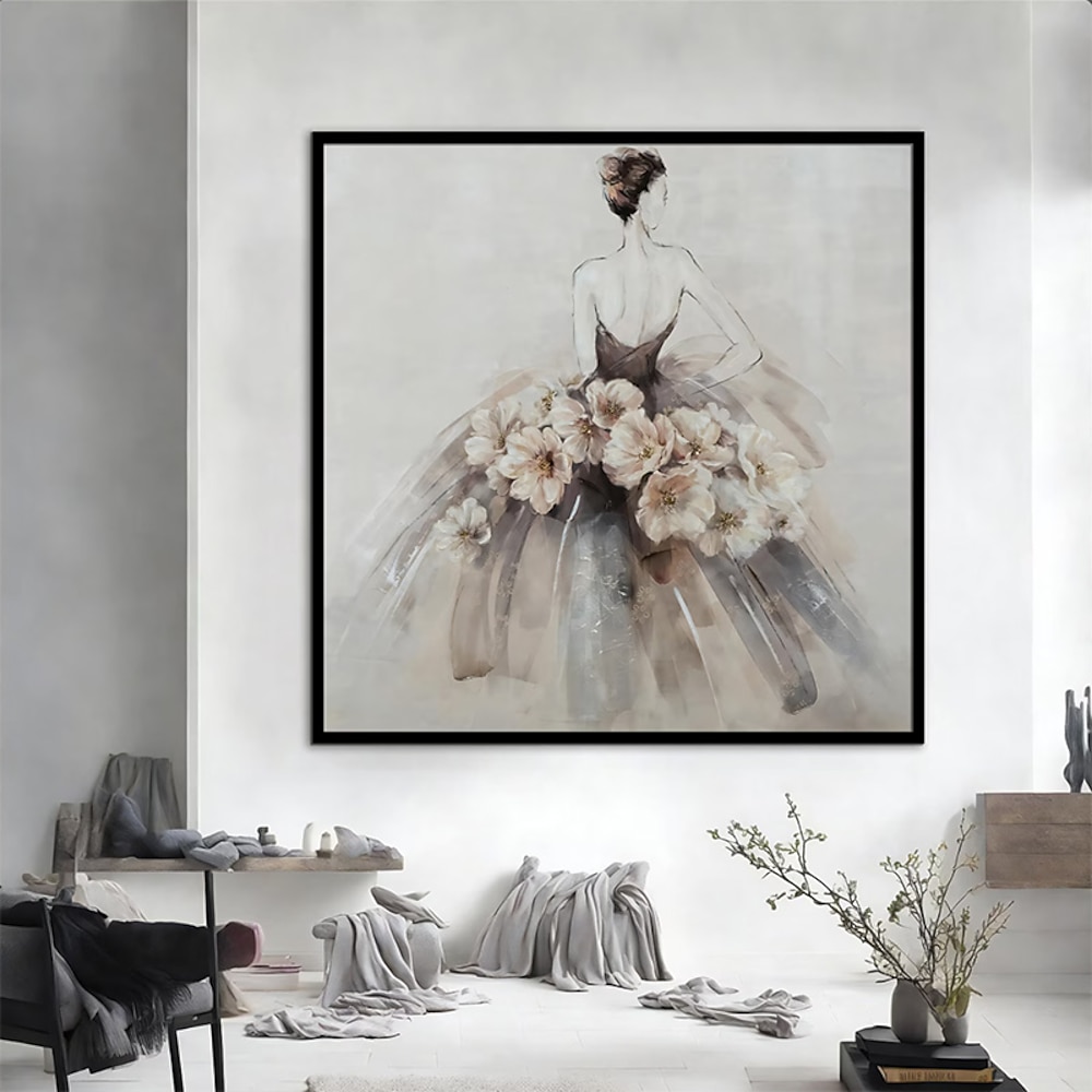 Handgemalte elegante moderne Frau im floralen Ballkleid Leinwand Wandkunst Malerei Wohnkultur für Wohnzimmer kein Rahmen Lightinthebox