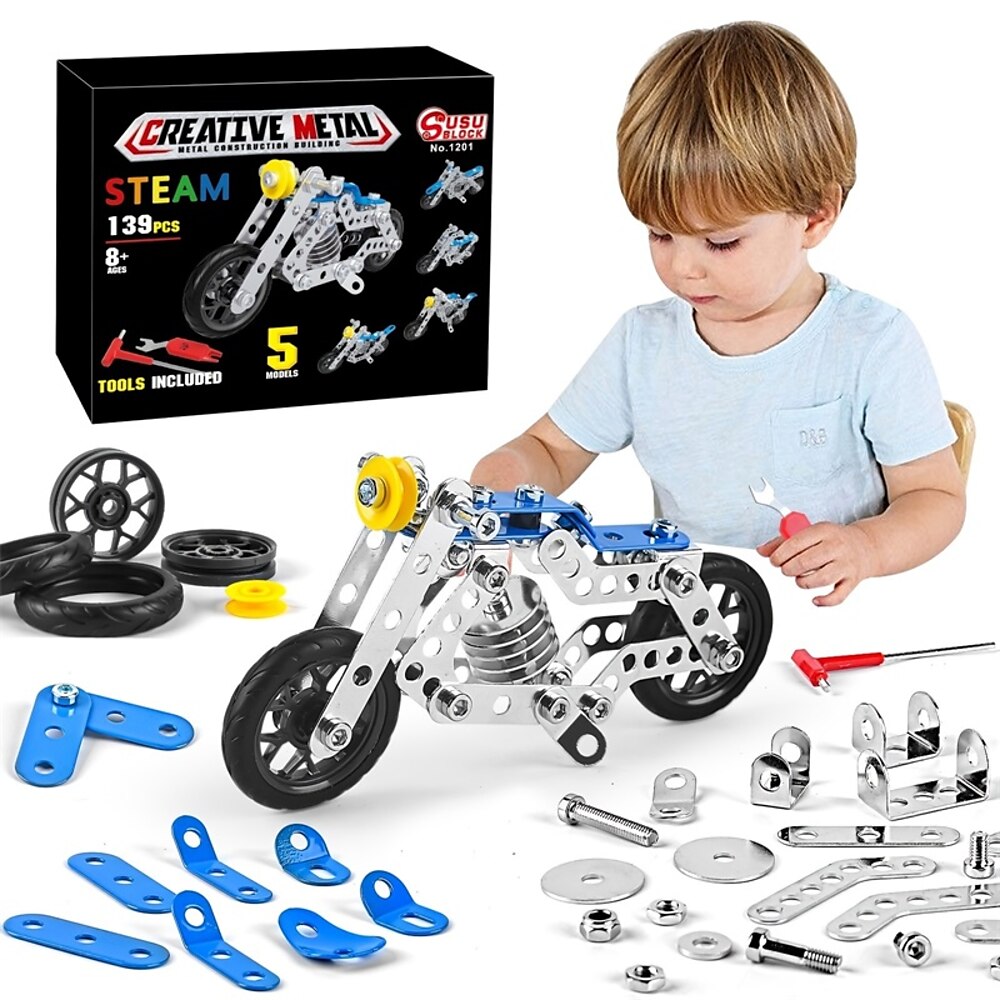 Motorrad-Vorbau-Bauspielzeug für Kinder, Metallbausatz, 5 variable, multiformige Motorräder, Dampf-Lernspielzeug (139 Teile), Geschenk für Halloween/Erntedankfest/Weihnachten Lightinthebox