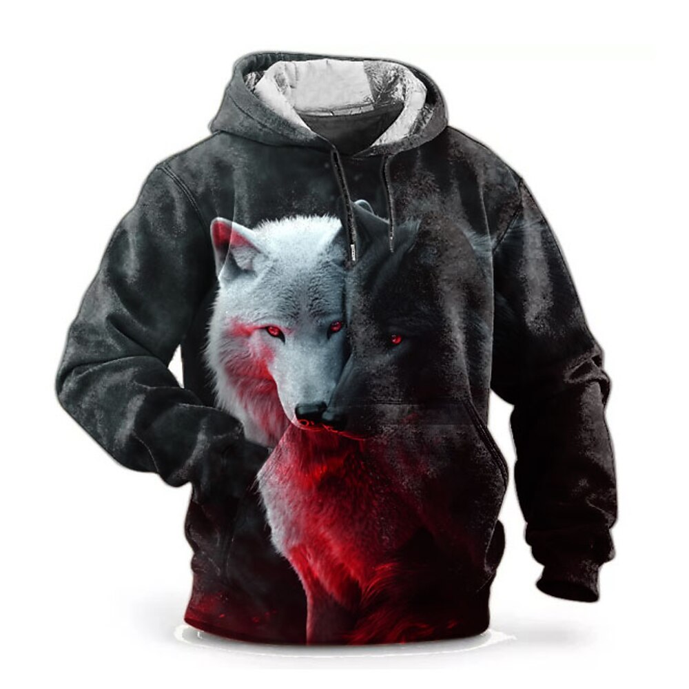 Herren Wolf Hoodie Sweatshirt Kapuze Hoodies Pullover Hoodie Sweatshirt Kapuze Langarm Sweatshirt mit Kapuze Mit Kapuze Modisch 3D-Druck Sports Outdoor Strassenmode Schwarz Bedruckt Vordertasche Lightinthebox