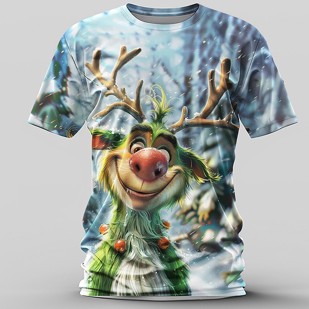 Weihnachten Herren Weihnachtstier 3D T-Shirts Elch Cartoon Casual Street Style 3D Druck T-Shirt Sport Outdoor Urlaub Hellblau Hellgrün Kurzarm Rundhals Frühlingamp;Sommerkleidung S M Lightinthebox