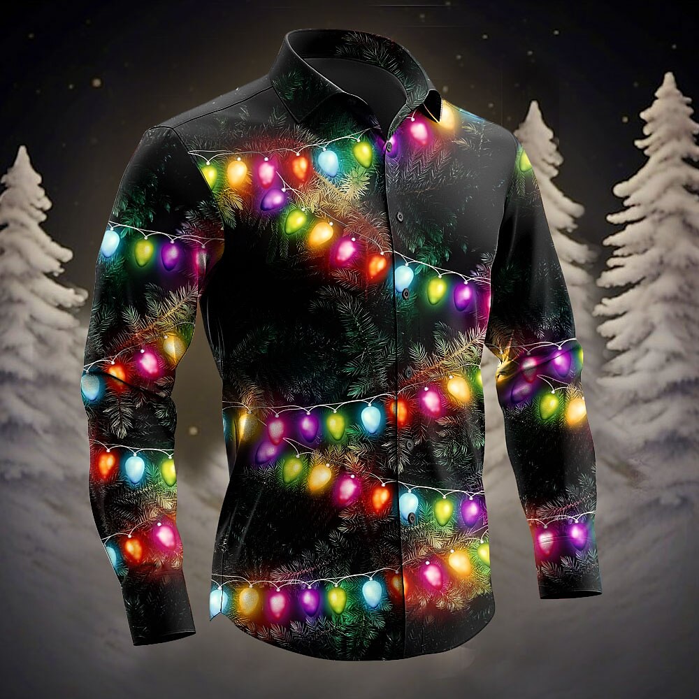 Weihnachten Herren Laternen Oberhemd Knopfhemd Langarm Brautkleider schlicht Business-Casual Party-Abendgarderobe Täglich Festival Herbst Winter Frühling Sommer Hemdkragen Knopf hoch 3D-Druck Schwarz Lightinthebox