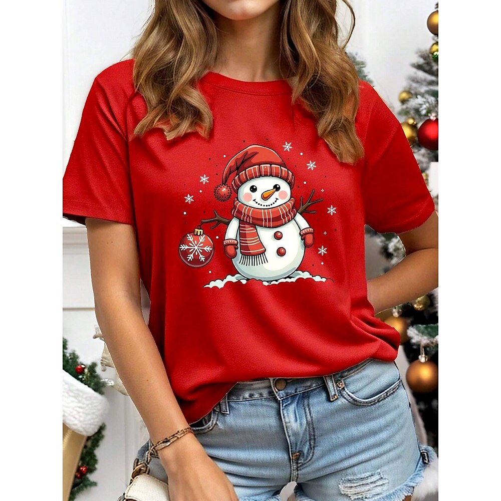 Weihnachts-T-Shirt für Damen mit roter Schneemann-Grafik, Rundhalsausschnitt, Weihnachtszeit, lässiges, kurzärmliges, festliches T-Shirt, normale Passform, weicher, atmungsaktiver Stoff, mehrere Lightinthebox