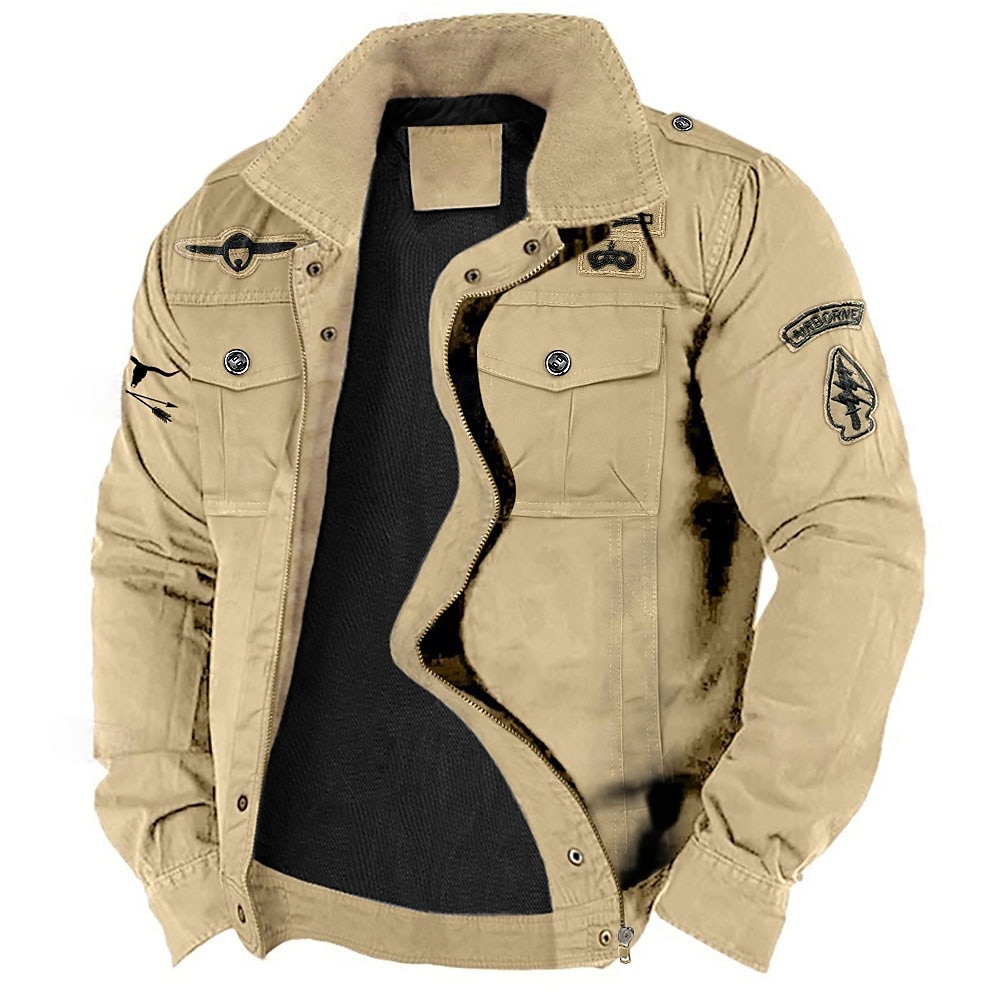 Herren-Militärjacke aus Baumwolle mit Stickerei, Cargo-Jacke mit Schultergurten, langen Ärmeln, Stehkragen, mehreren Taschen, Mantel, Trucker-Jacke, taktische Oberbekleidung mit Western-Kuh-Print Lightinthebox