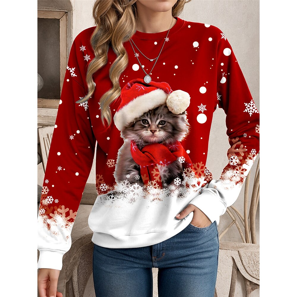 Weihnachts-Sweatshirt für Damen, festlicher Kätzchen-Print, langärmelig, lässig, rot-weiß, Farbverlauf, Urlaubsparty, Winterkleidung, gemütliche Modebekleidung Lightinthebox