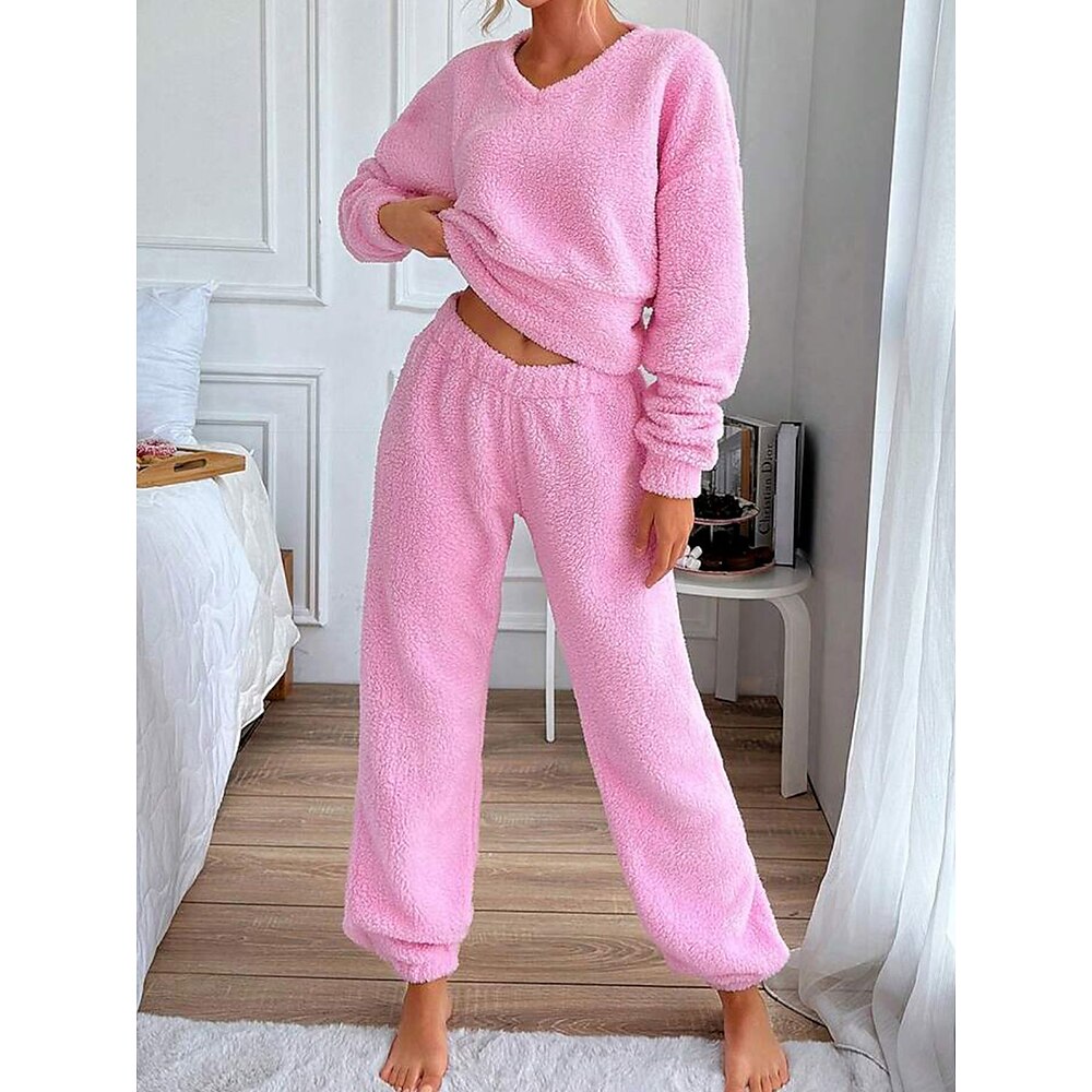 Damen-Pyjama-Set, 2-teilig, bedruckt, bequem, für den Alltag, warm, V-Ausschnitt, langärmelig, Pullover, Hose, Frühlings-/Herbst-Home-Outfits Lightinthebox