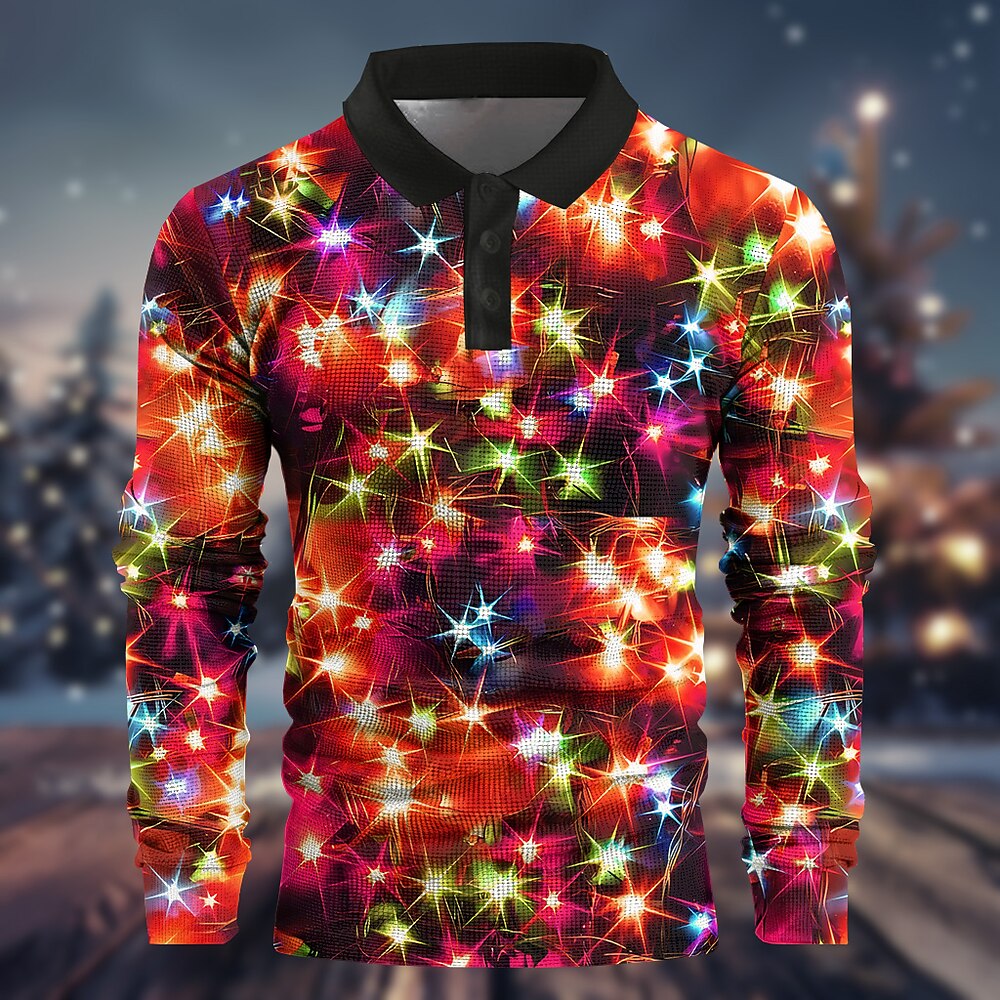 Weihnachts-Poloshirt für Herren mit Weihnachtsbeleuchtung und 3D-Muster, witzige Waffeloptik, langärmelig, Party-/Abend-/Silvesterhemden, Frühling, Herbst, Winter, Knopfleiste, 3D-Druck, Kragen, Lightinthebox