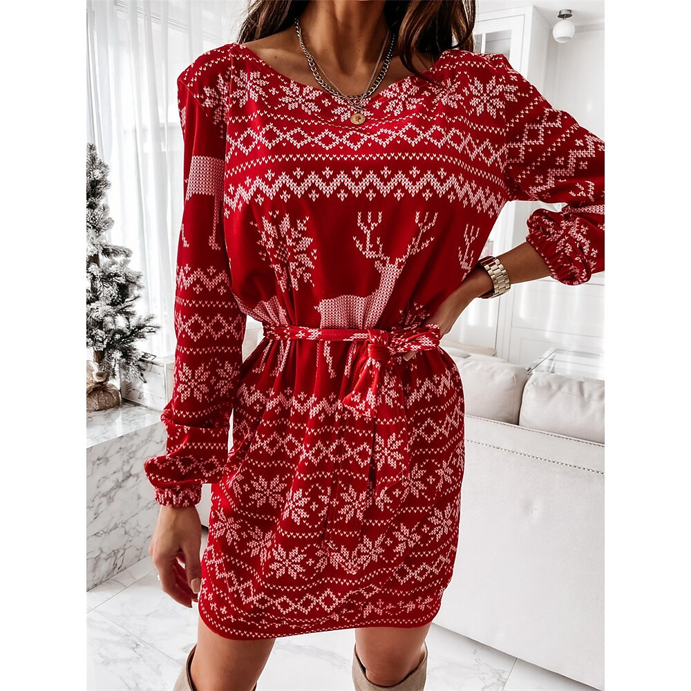 Weihnachtspulloverkleid für Damen, langärmelig, Rentier, Schneeflocke, rot und weiß, Rundhalsausschnitt, taillierte Taille, Schleife, Strickband, urlaubsthematisch, lässig, festliche Winterkleidung Lightinthebox