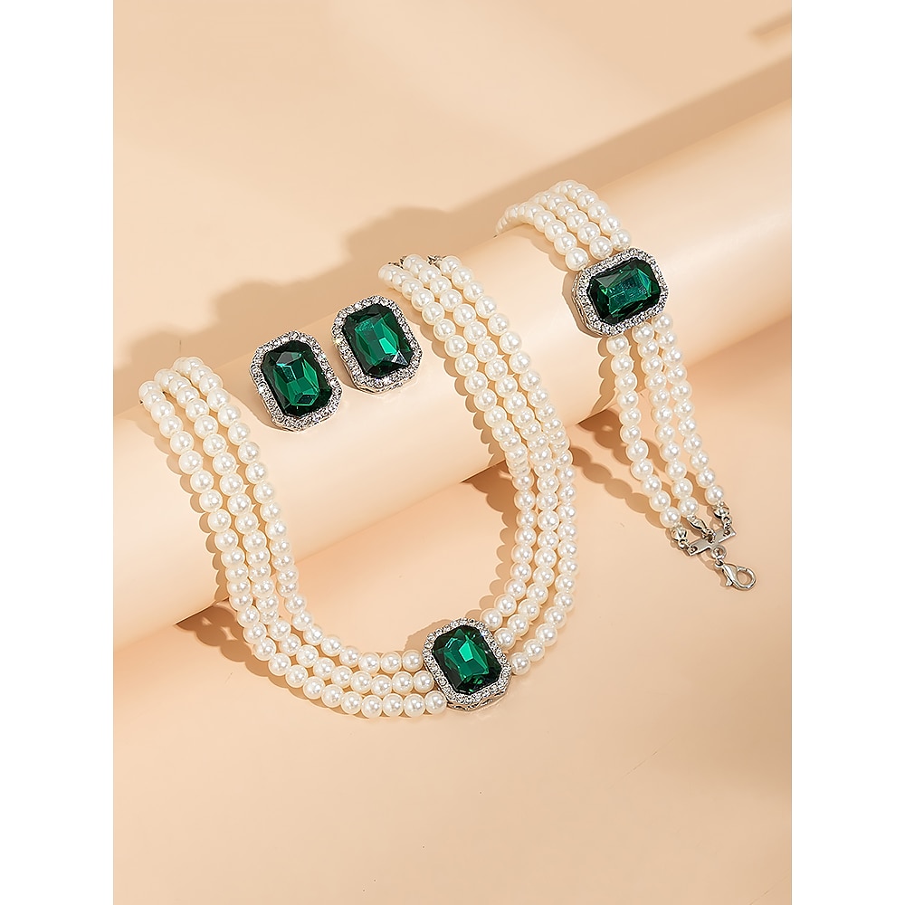 elegantes Damen-Perlenkette-Set mit grünem Edelstein und passendem Armband und Ohrringen - Schmuck für formelle Anlässe Lightinthebox