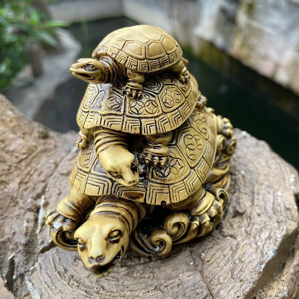 Dreistöckige Schildkrötenstatue aus goldenem Kunstharz, Feng Shui, Kunstskulptur einer Schildkröte aus drei Generationen, Symbol für Langlebigkeit und Schutz, Heimdekoration Lightinthebox