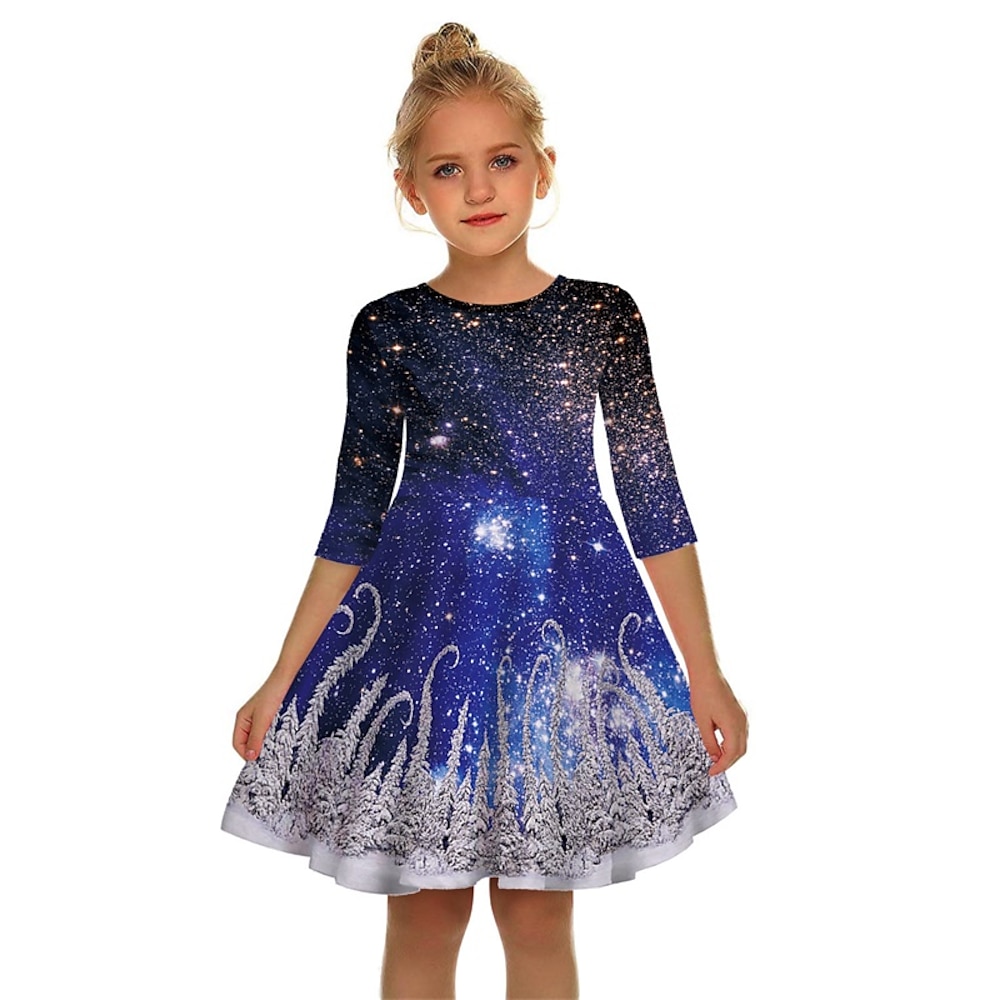 kinderkleidung Mädchen Weihnachtsoutfit Kleid Emoji Langarm Leistung Party Patchwork bezaubernd Kostüm Polyester Midi Casual kleid Frühling Herbst 4 Jahre Blau Lightinthebox