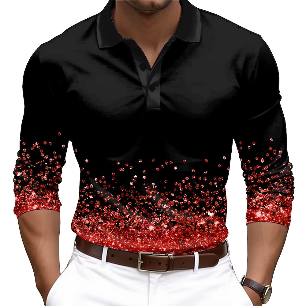 Herren Mit Steinen verziert 3D Digital-Print Poloshirts Golfhemd Langarm Polo-Shirts Hemden mit Kragen Brautkleider schlicht Outdoor Party-Abendgarderobe Alltagskleidung Knopf 3D-Druck Goldgelb Rote Lightinthebox