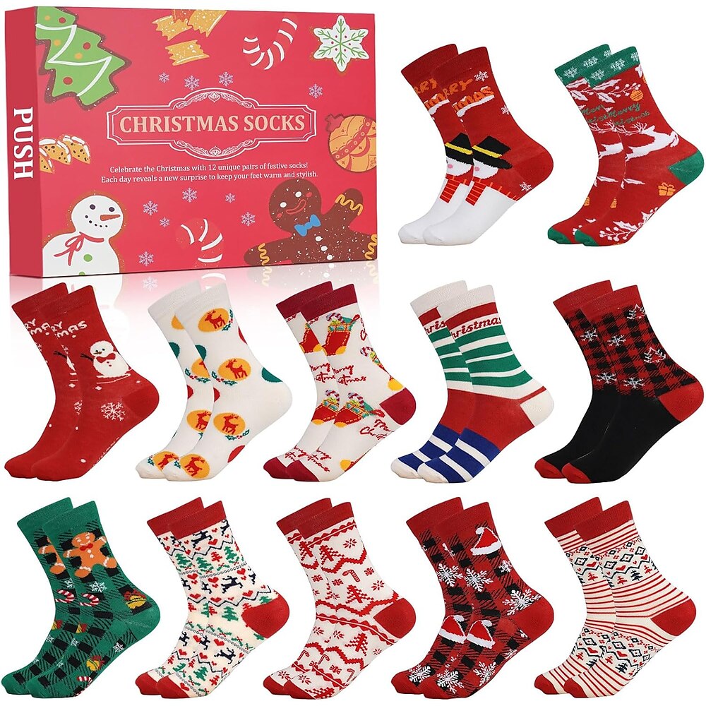 12 Tage Weihnachtssocken-Adventskalender 2024, festlicher Feiertags-Countdown mit 12 Paar lustigen und farbenfrohen Socken mit Weihnachtsmotiv, weißes Elefanten-Geschenk für Männer und Frauen Lightinthebox