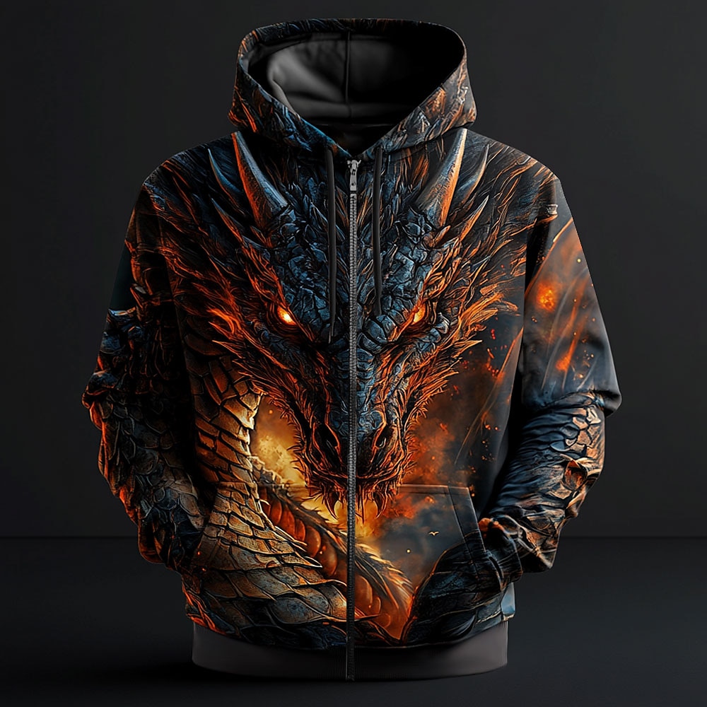 Herren Drache Hoodies Hoodie Sweatshirt Kapuze Sweatshirt mit Kapuze Mit Kapuze Modisch 3D-Druck Urlaub Ausgehen Strassenmode Schwarz Zip Kordelzug Herbst Winter Designer Lightinthebox