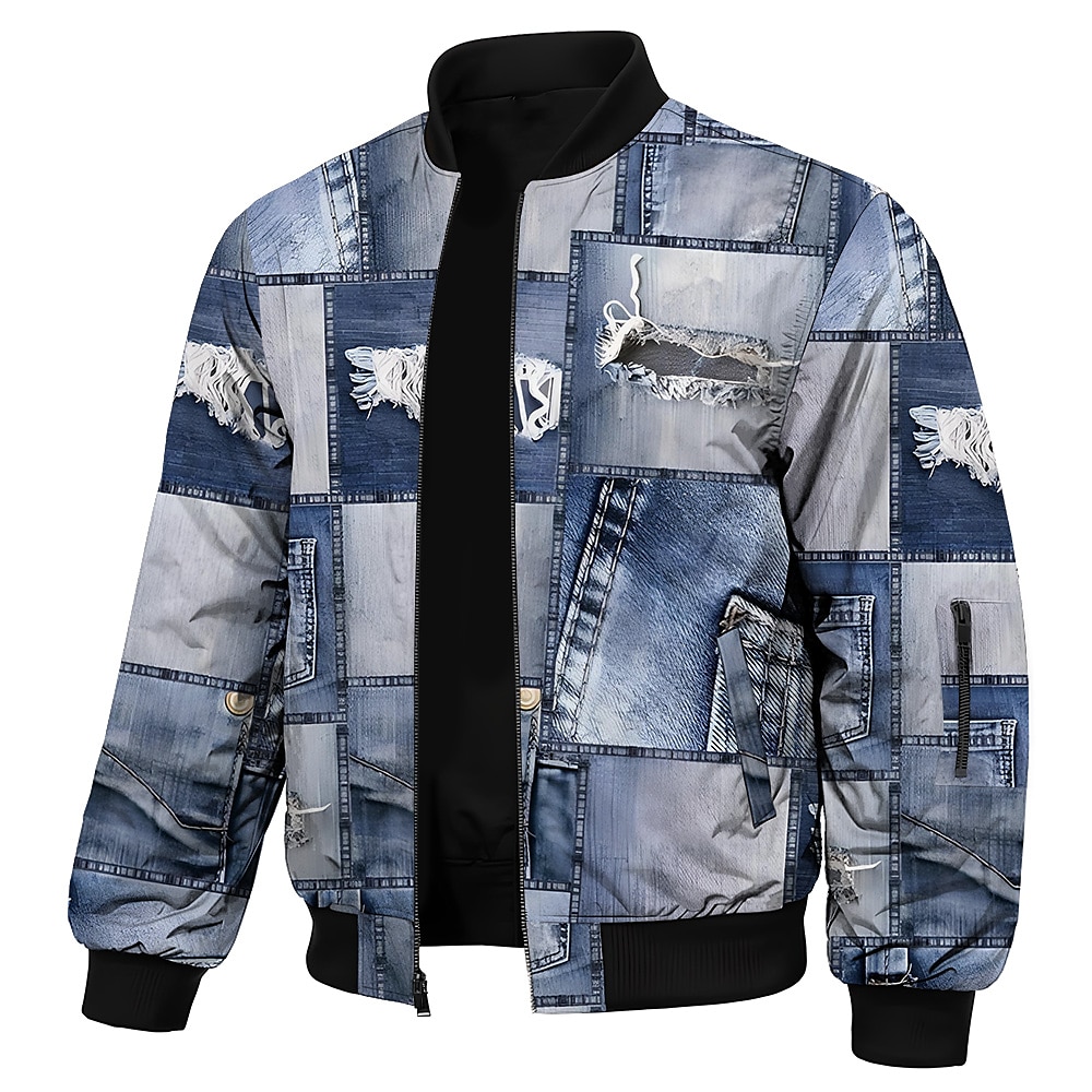 Herren Patchwork Bomberjacke Mantel Thermik Komfortabel Brautkleider schlicht Outdoor Alltagskleidung Zip 3D-Druck Multi Pocket Winter Stehkragen Langarm Schwarz Blau Braun Lightinthebox