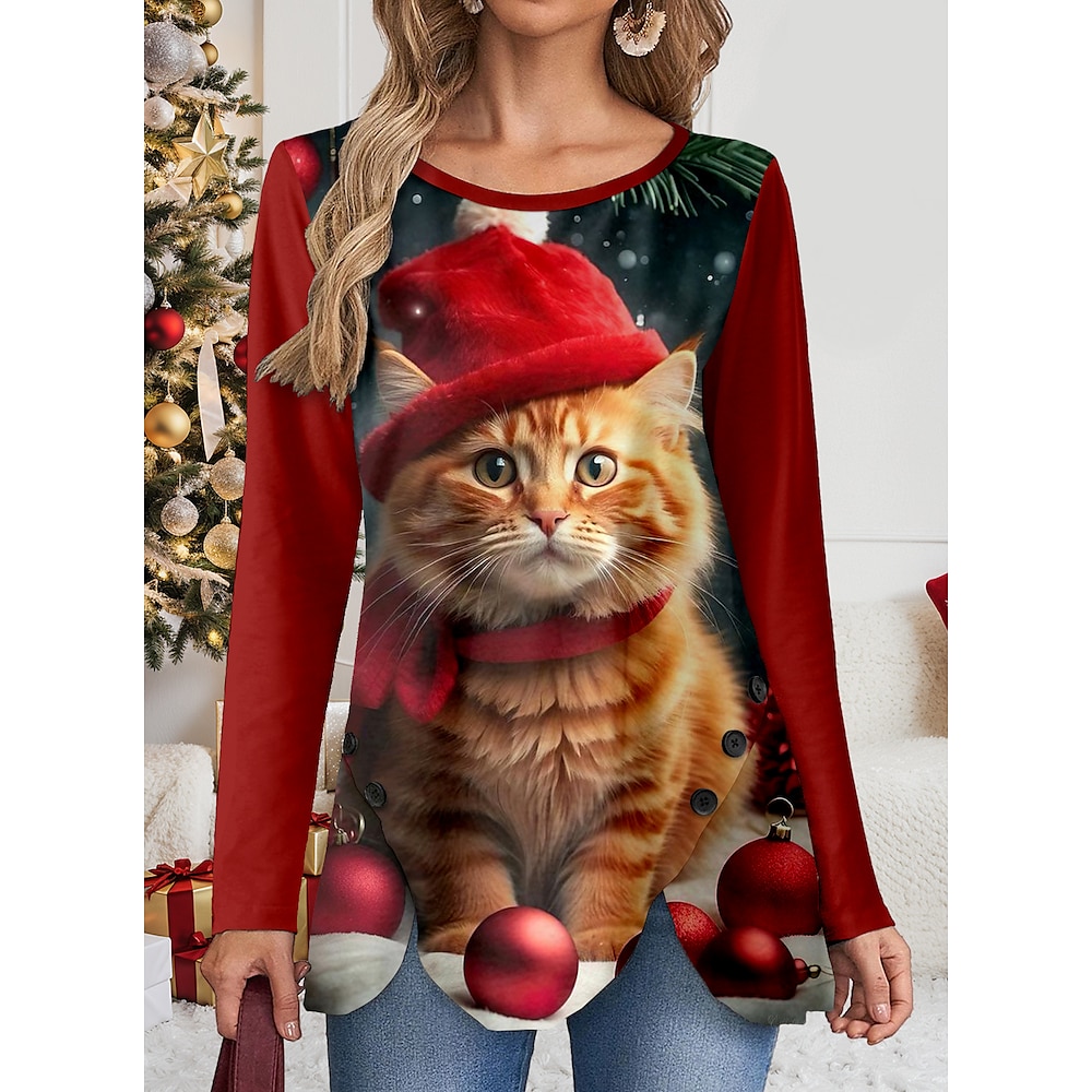 Damen T Shirt Brautkleider schlicht Katze Normale Oberteile Langarm Rundhalsausschnitt Knopf Bedruckt Asymmetrisch Regular Fit Weihnachten Täglich Wein Frühling Herbst Lightinthebox